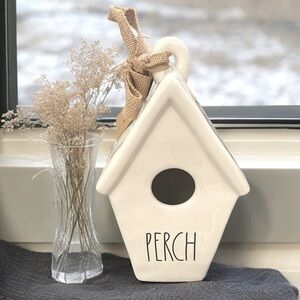 NWT RAE DUNN Ceramic White PERCH Birdhouse Double-sided Bird Home Decor